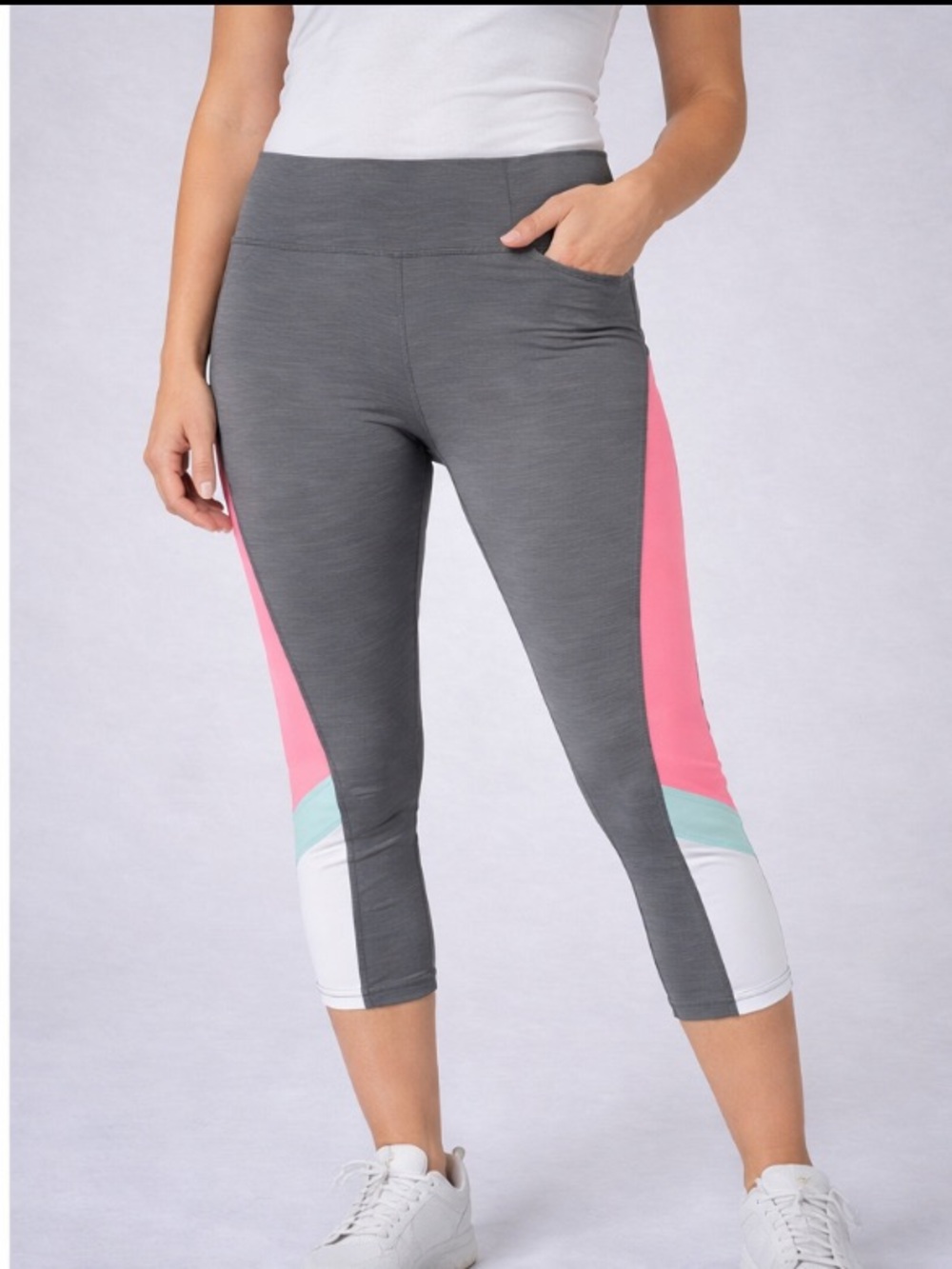 Athleta Cropped Leggings Small Gray Pink Colorblock Capri Workout Yoga Gym - Picture 2 of 9